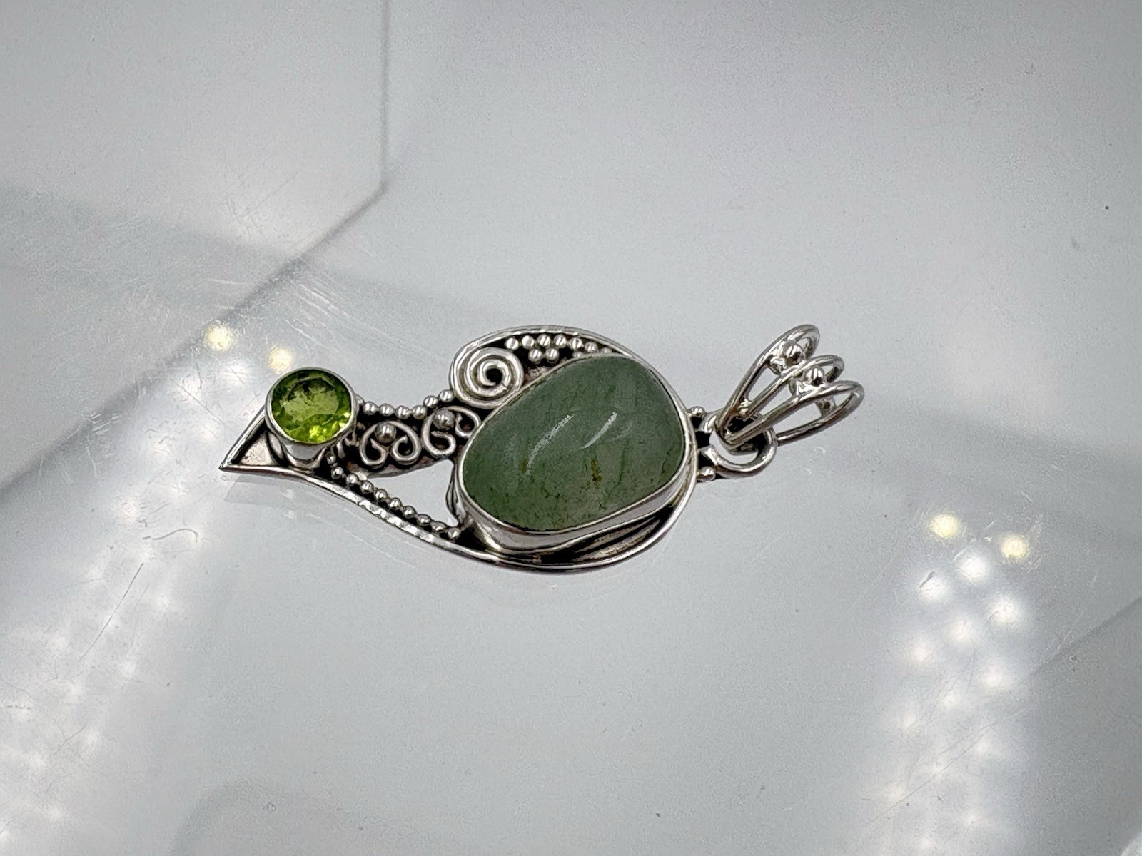 Sterling Silver Genuine Green Aventurine & Peridot Gemstone Bird Pendant 925