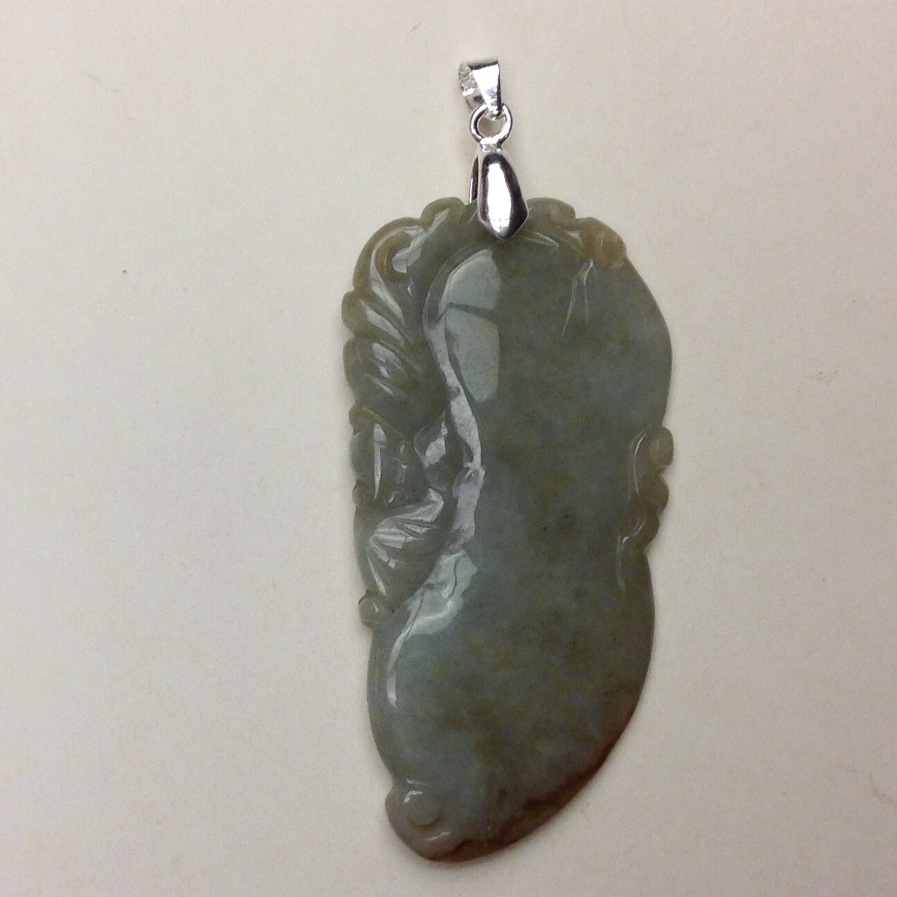 ~ Carved Unenhanced Green Jade / Jadeite Pendant with Sterling Silver Bail