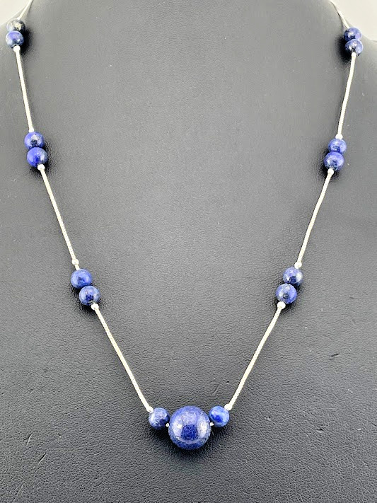 925 STERLING SILVER LAPIS LAZULI BEAD STATION SATELLITE NECKLACE 20-22″ 2994