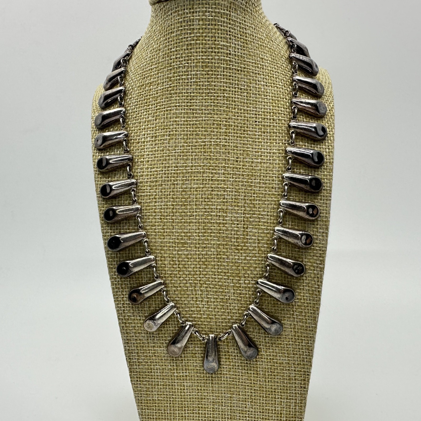Mexico 925 Sterling Silver Teardrop Fringe Bib Necklace 53.6g 16 Inch