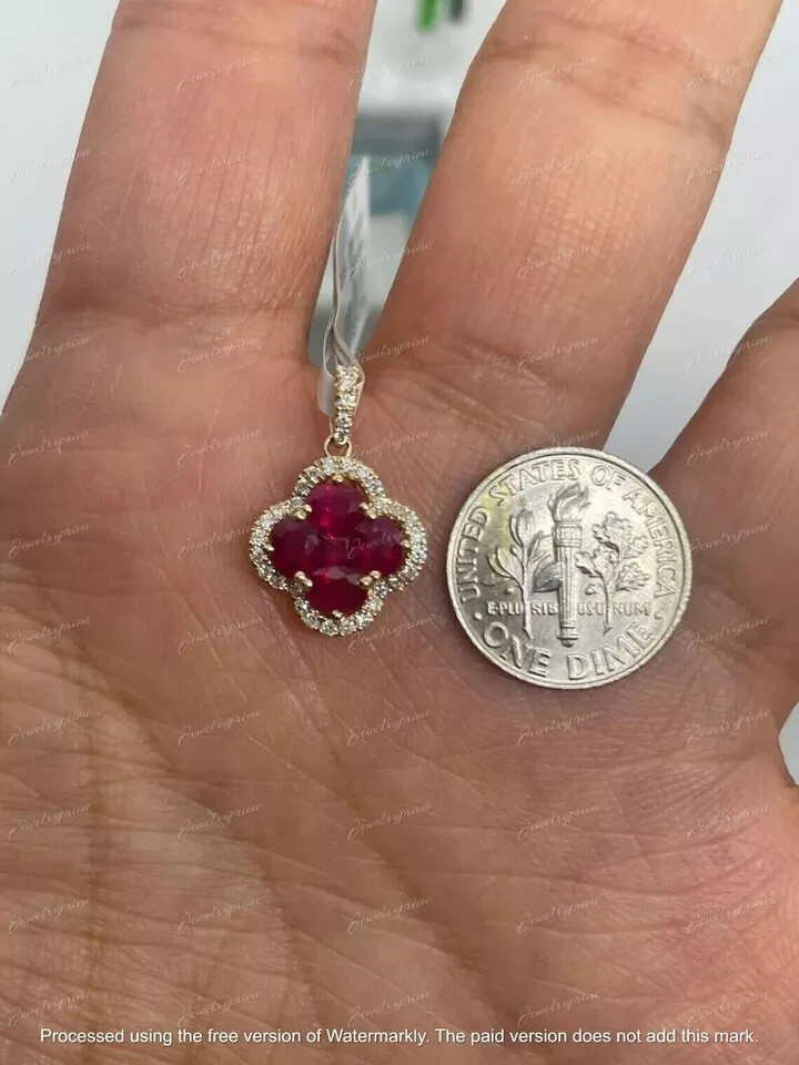 2Ct Oval Cut Lab-Created Red Ruby Clover Shape Pendant 14k Yellow Gold Finish