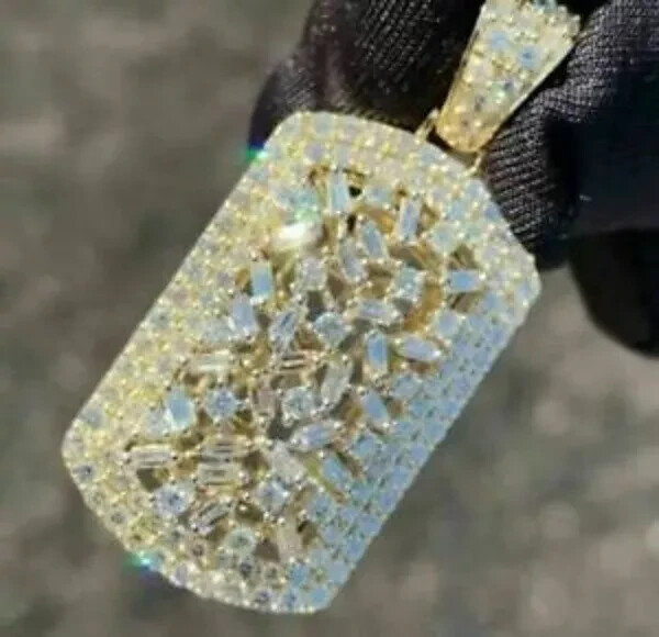 2.90Ct Baguette Cut Diamond Dog Tag Pendant 14K Yellow Gold Over 18″ Free Chain