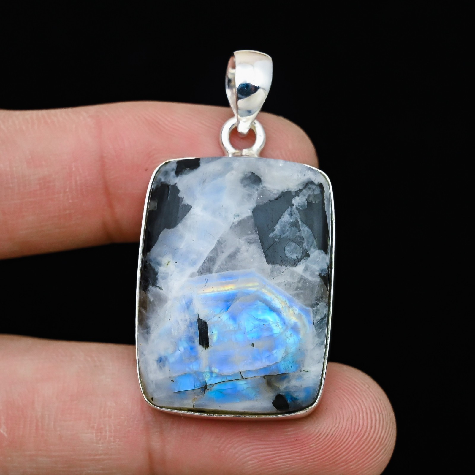 Rainbow Moonstone Gemstone 925 Sterling Silver Handmade Pendant Jewelry Gift For
