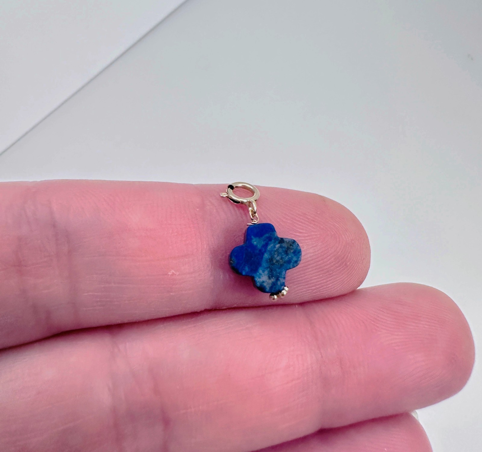 14K Solid Yellow Gold Lapis Lazuli Clover Small Charm Pendant w/Spring Clasp