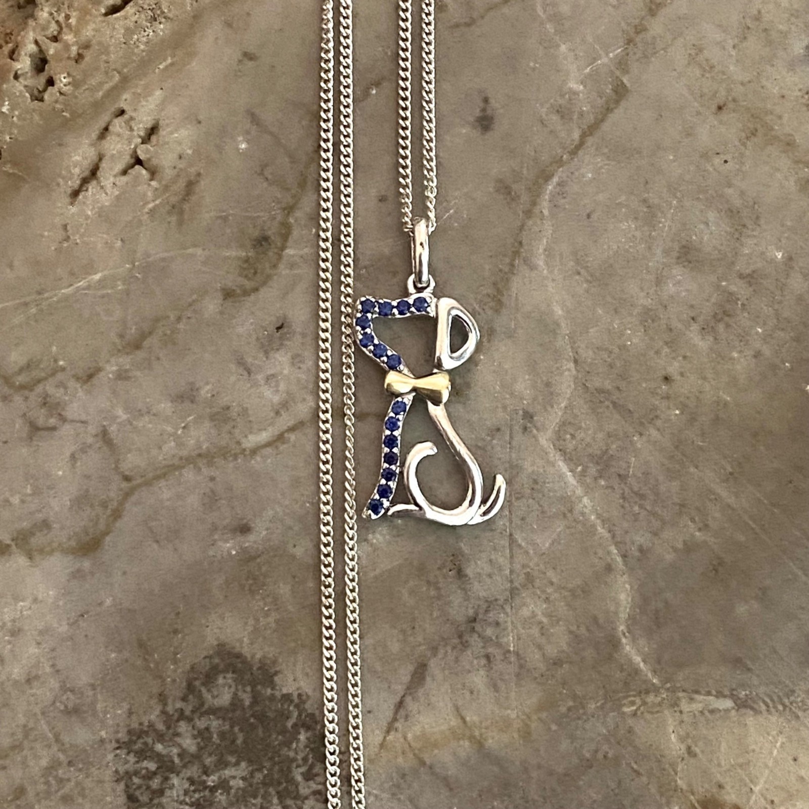 Sterling Silver 925 10K Gold Blue Sapphire Dog Puppy Pendant Necklace 16″-17.5″