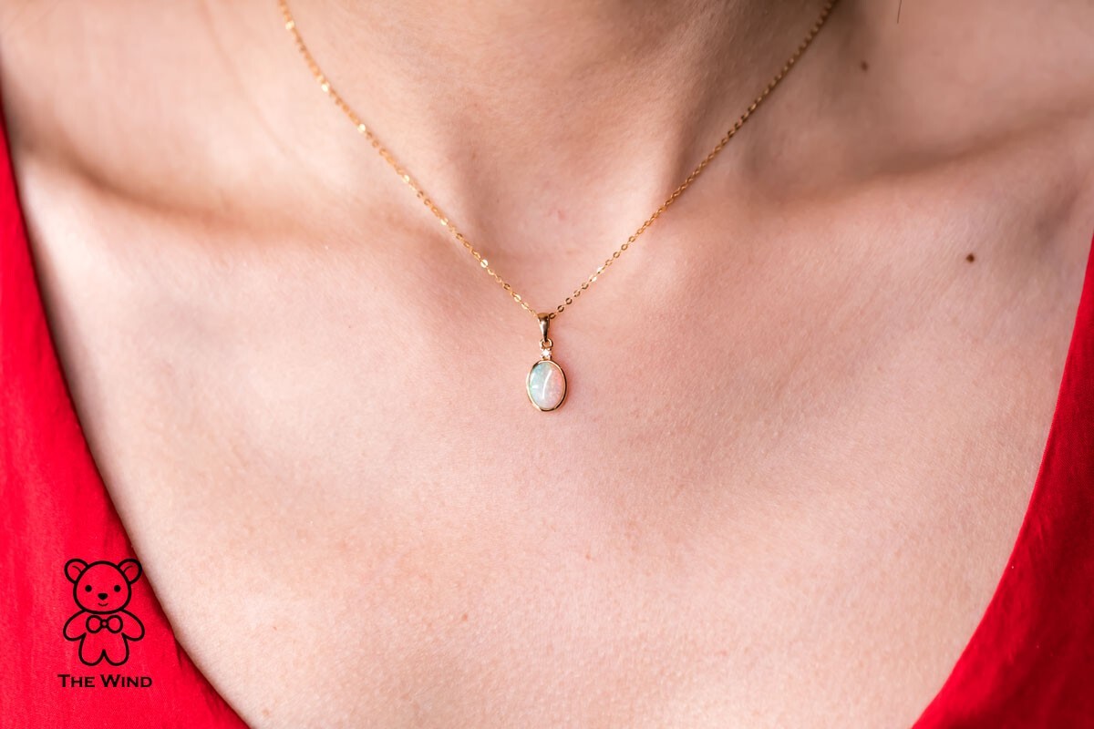 Minimalist Oval Australian Solid Opal & Diamond Pendant Necklace 18k Yellow Gold