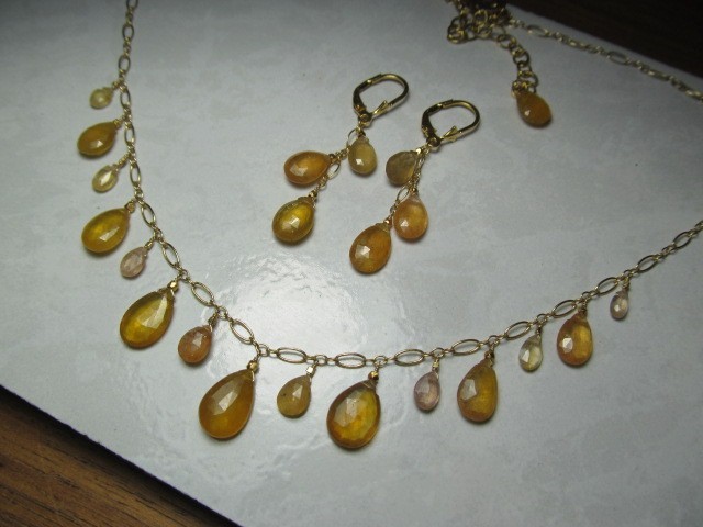 Sri Lanka Golden SAPPHIRE faceted briolette beads 14k Gold Filled Necklace set