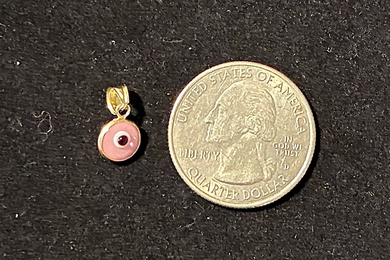 Evil Eye Solid 14kt yellow gold Pink Enamel Charm Pendant Good Luck Brand New