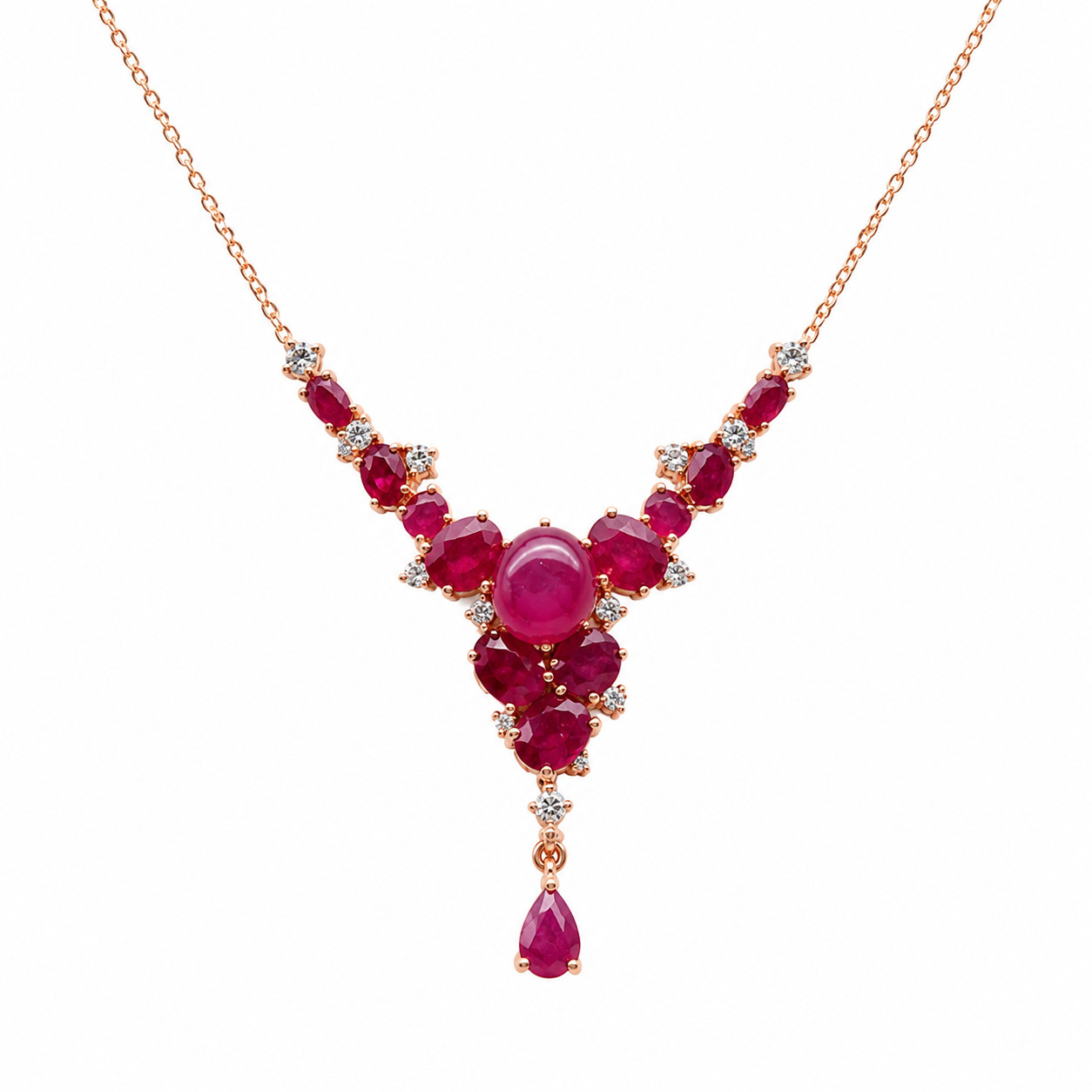 Red Ruby White Zircon Necklace 18.0 In. 925 Sterling Silver Handmade