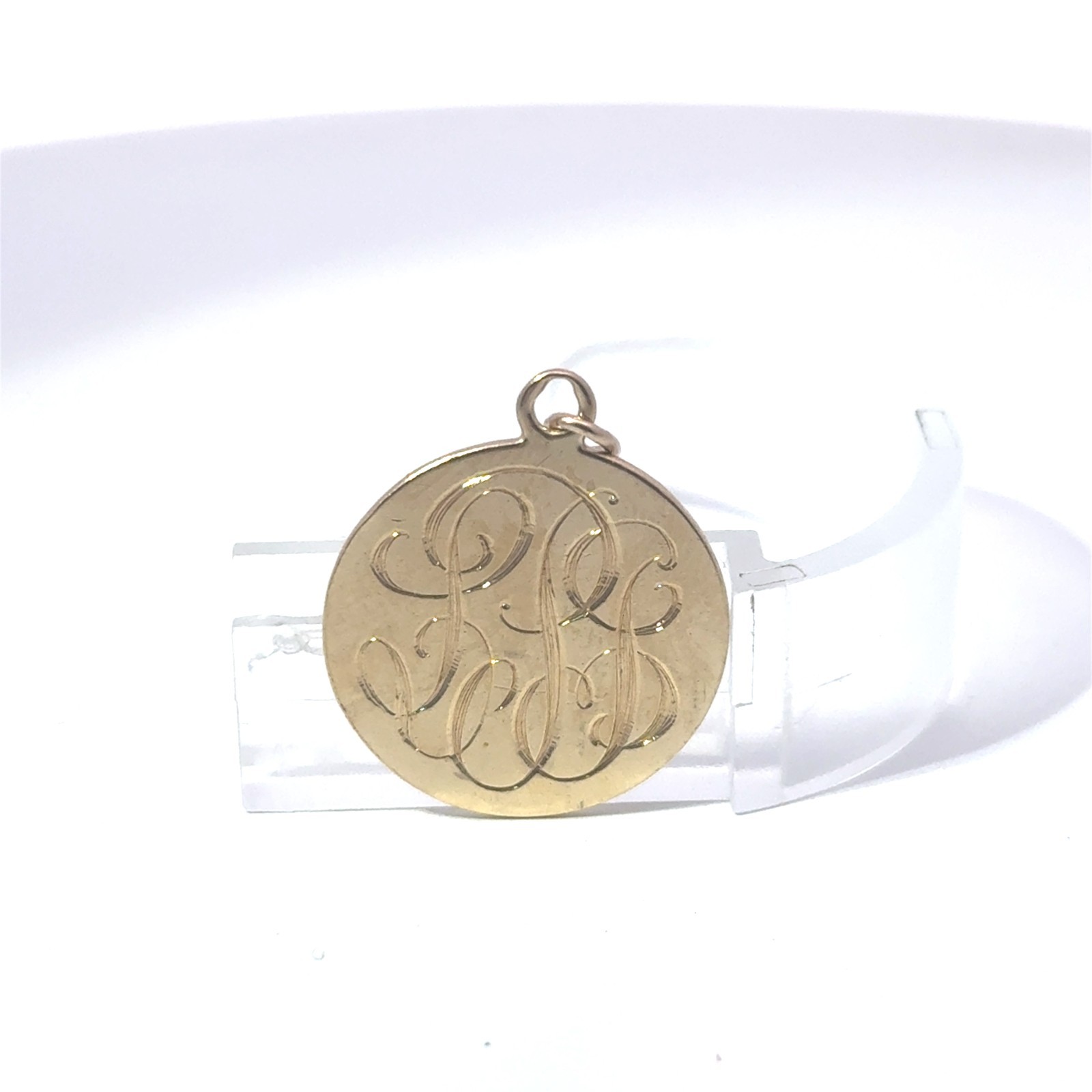 14k Stamped Yellow Gold Hand Engraved “LPB” Monogram Script Vintage Disc Charm
