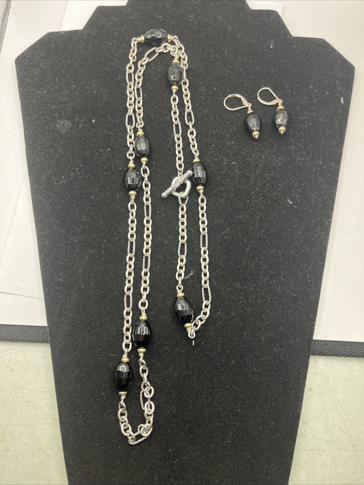 DAVID YURMAN FACETED ONYX STATION NECKLACE 925/18KYG 17.5” W/EARRINGS