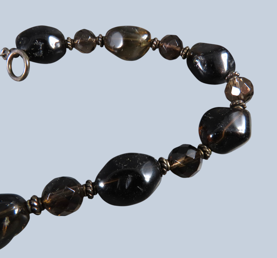 STERLING SILVER Brown Smoky Quartz BEADED NECKLACE Faceted Beads Nuggets PENDANT