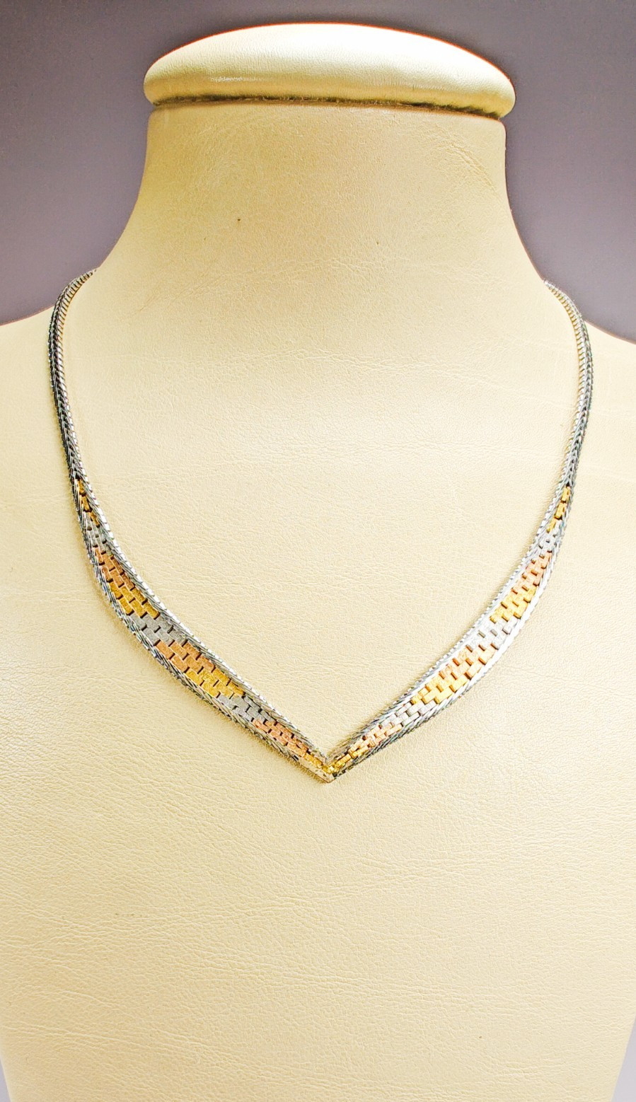 925 Italy Sterling Silver Tri Color Woven V Necklace 16″ Box Clasp 11.88g
