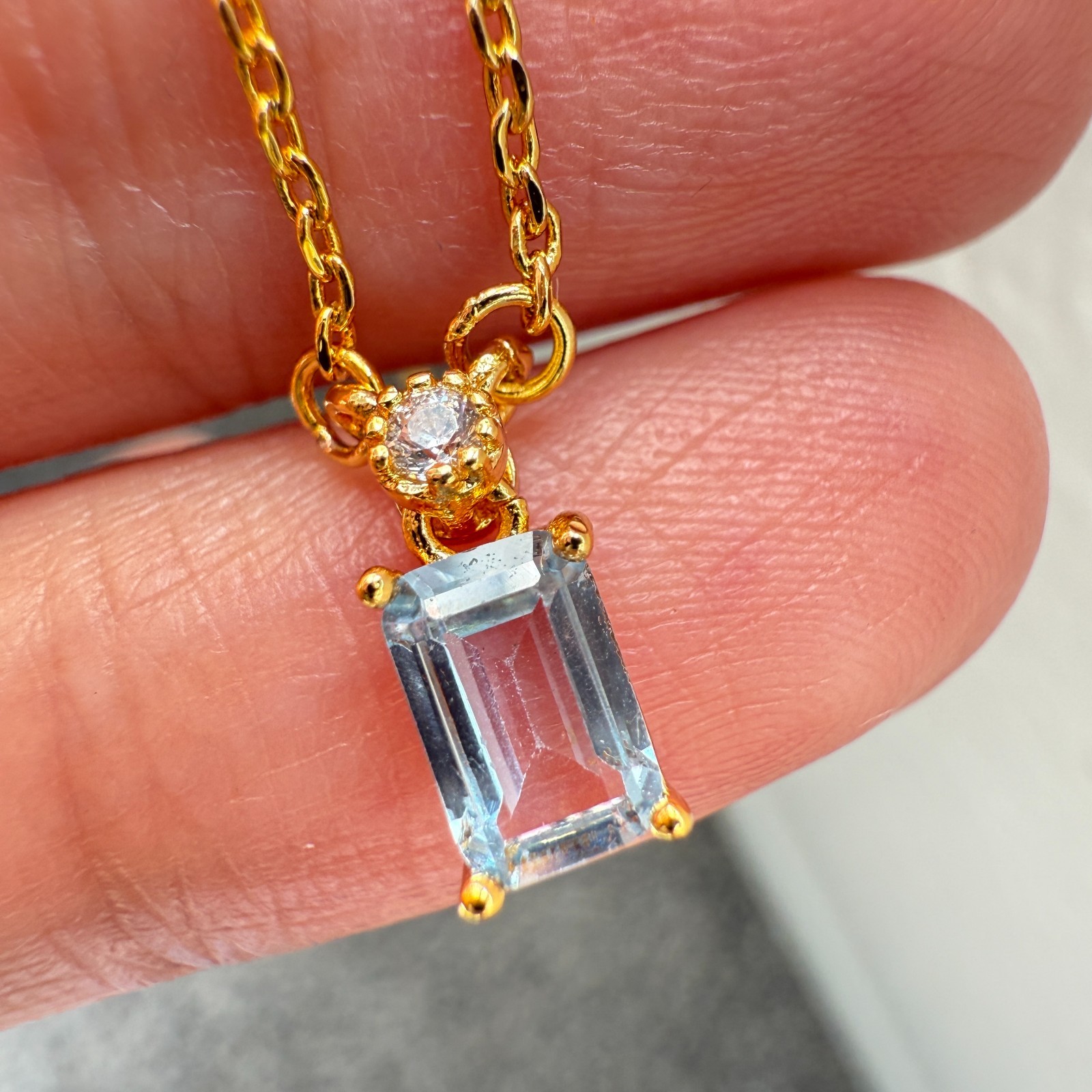 925 Sterling Silver Necklace 6x4mm Natural Blue Aquamarine 14K Gold Plated Chain