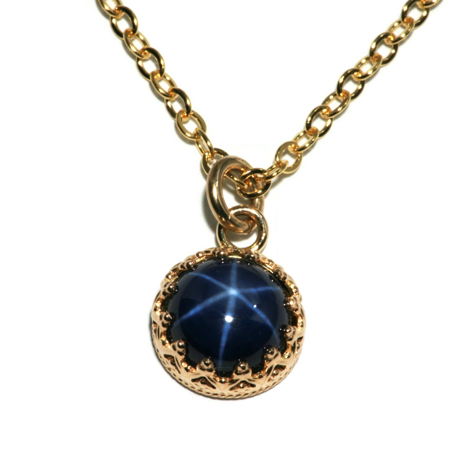 Star Sapphire Gold Filled Crown Bezel Necklace (8mm Lab Created)