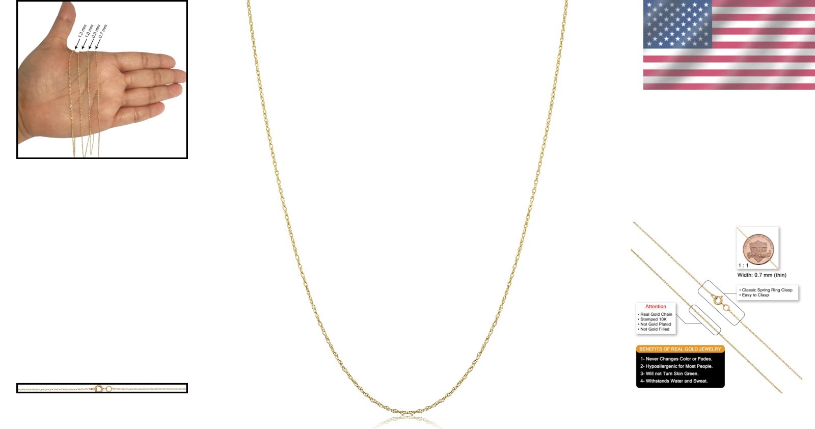 Womens Classic Rope Chain – 10K Yellow Gold Barely-There Necklace, Thin Lightwei