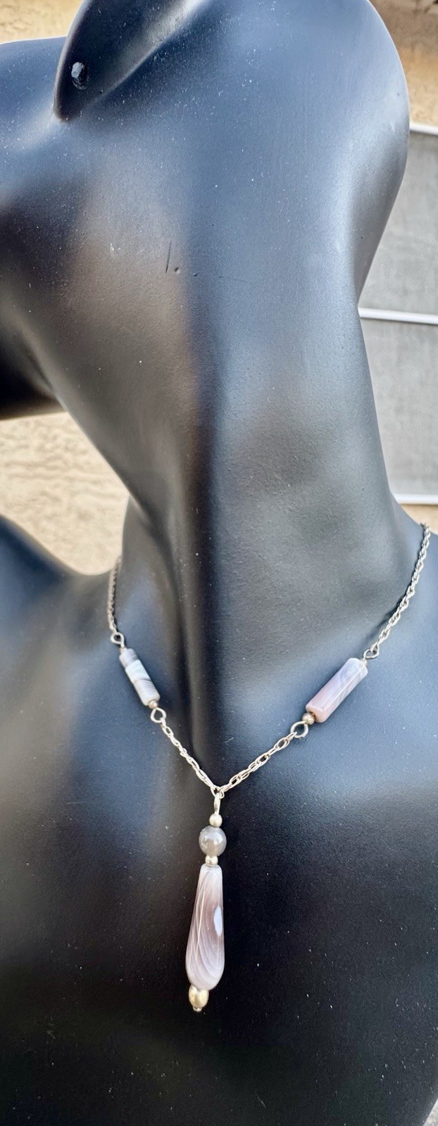 Sterling Silver 925 Muted Earth-tone Y Drop Agate Layered Stones / 18” Necklace