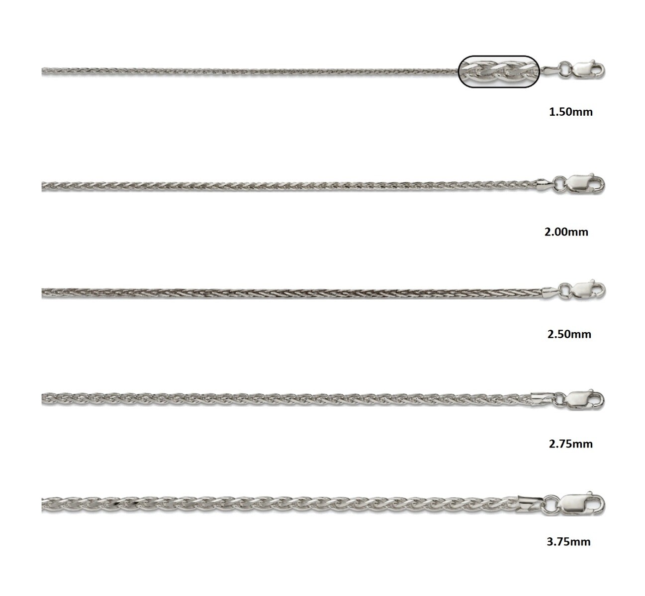 Sterling Silver D/C Spiga Chain 16″, 18″, 20″, 22″, 24″, 26″, 28″, 30″ Lengths
