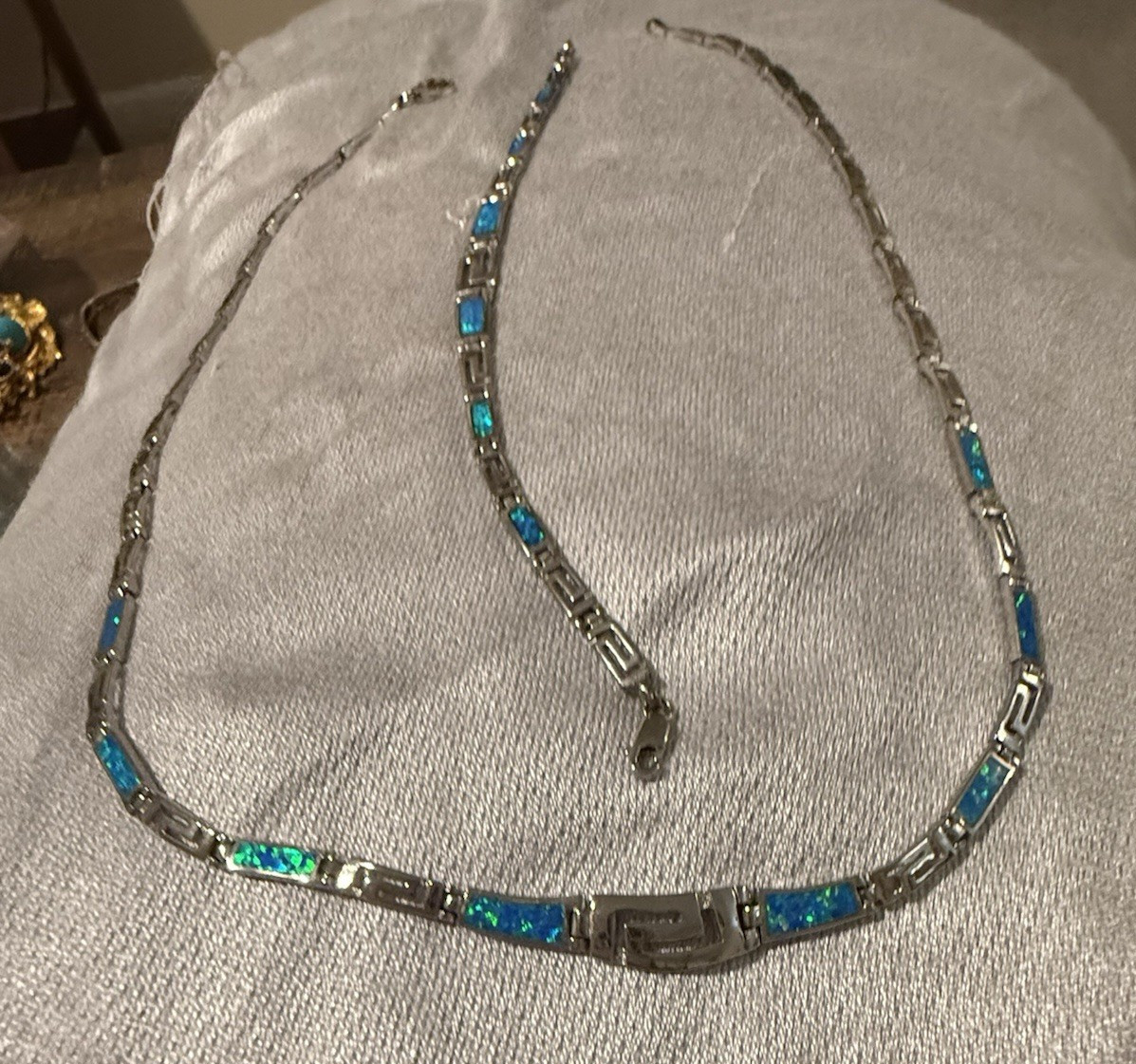 Sterling Silver 925 Blue Opal Bezel Baguette Bar Link Chain Necklace