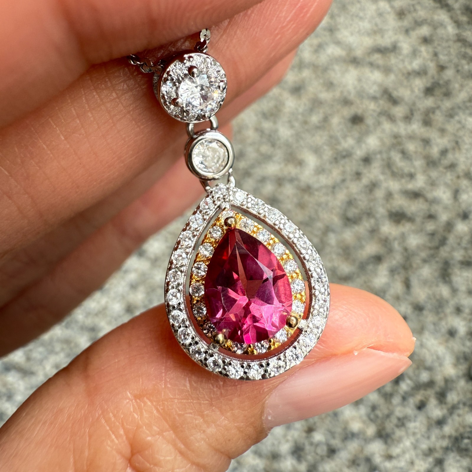 925 Sterling Silver Necklace 8x6mm Natural Pink Topaz Gemstone Zircon Teardrop