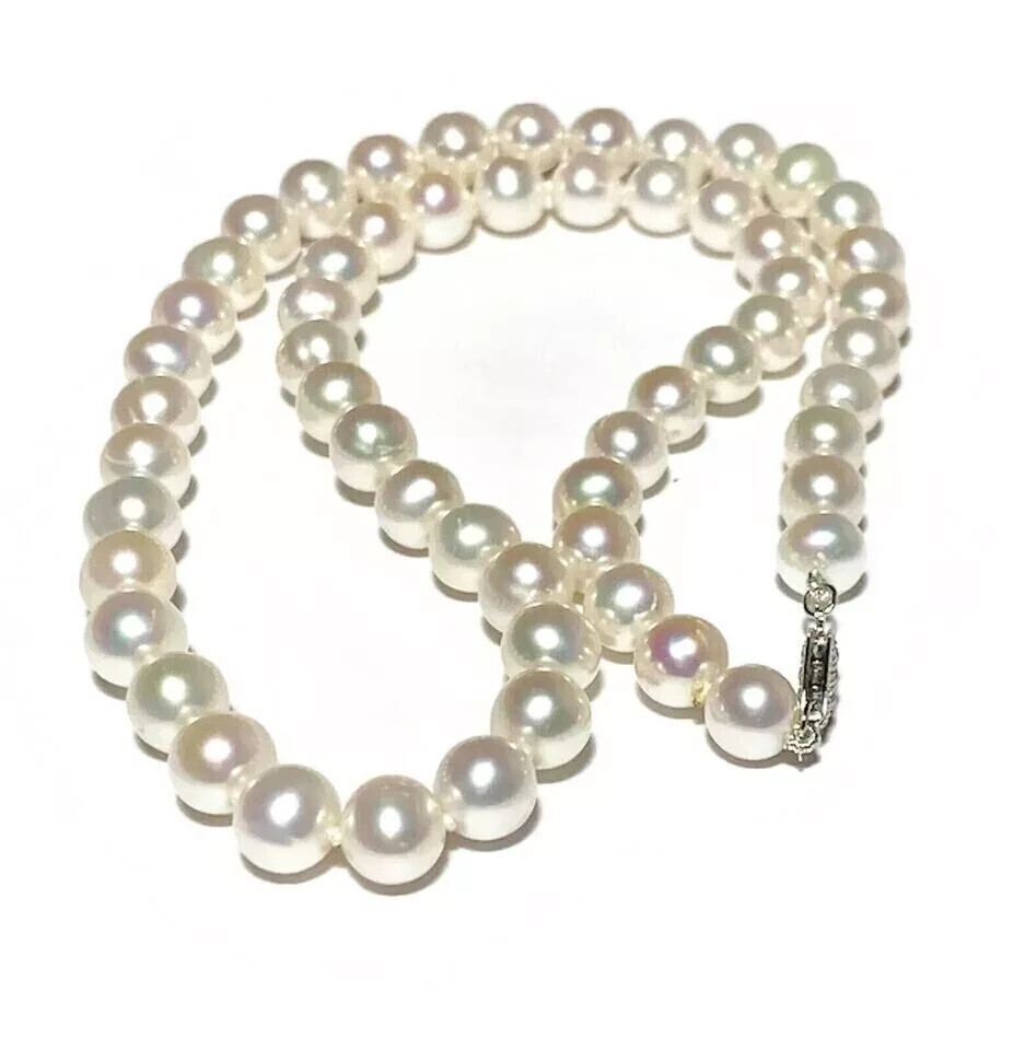 Japanese Akoya 9-10mm white Pearl Necklace 18″ 14K Gold Clasp