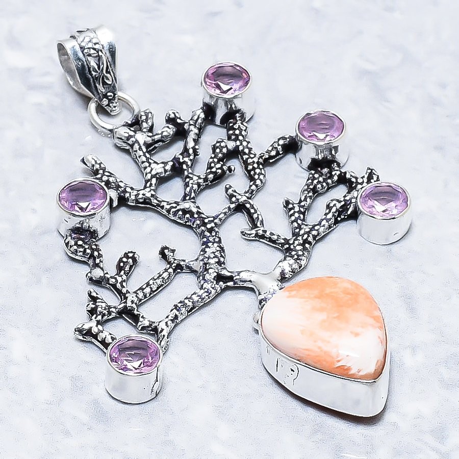 Orange Scolecite, Kunzite Gemstone 925 Sterling Silver Jewelry Pendant 2.76″ j53