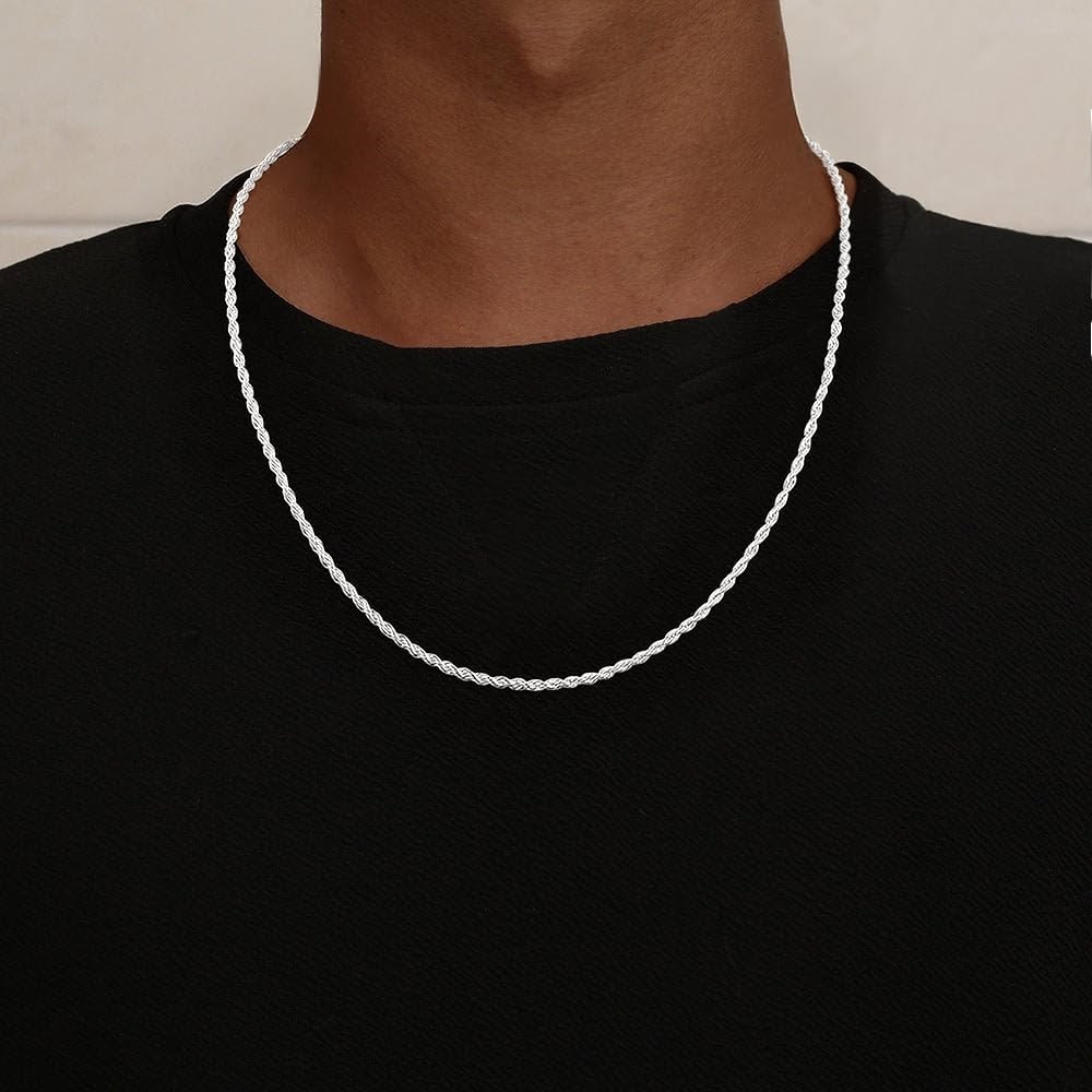 925 Sterling Silver Rope Chain Necklace for Men – Diamond-Cut Braided Jewelry 18