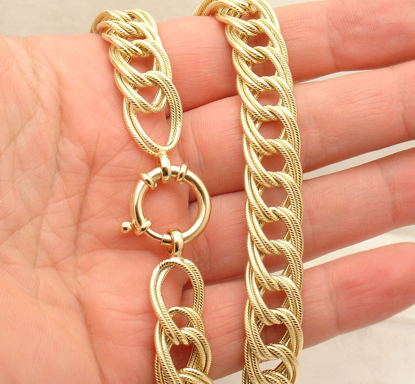 Technibond Textured Double Curb Chain Necklace 14K Yellow Gold Plated Silver