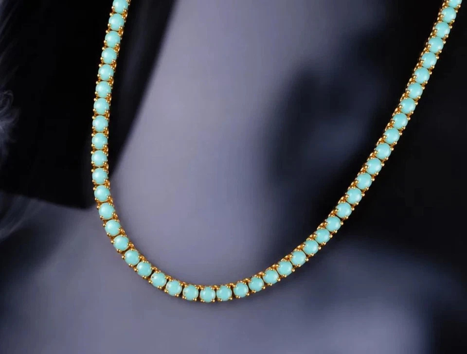 Round Cut Lab Created Blue Turquoise Tennis Necklace18in 14k Yellow Gold Plated
