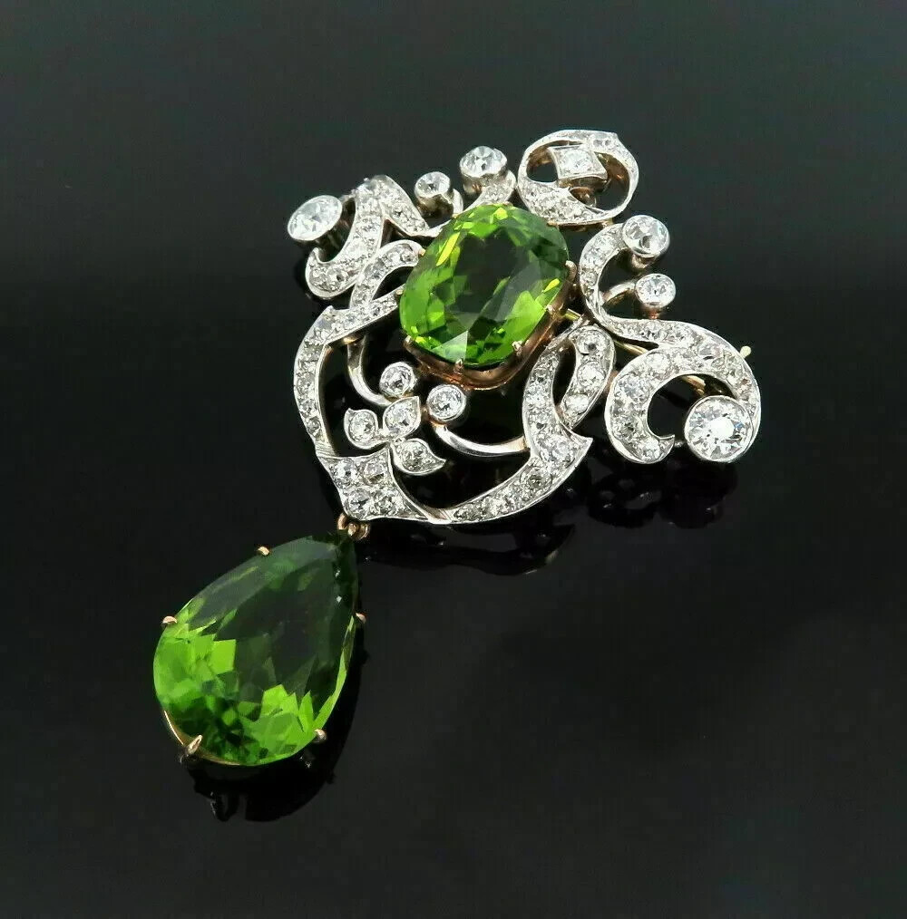 Antique Green Peridot & White Diamond Brooch 14k Yellow Gold Finish Free Chain