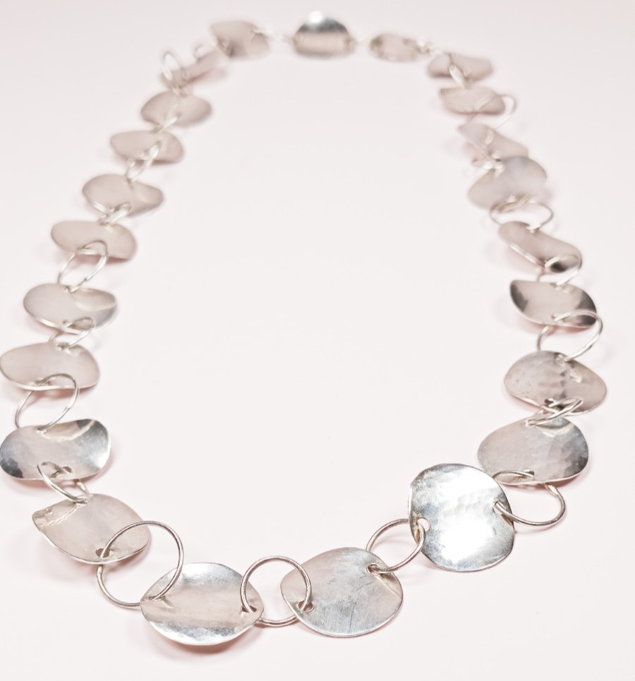 925 Sterling Silver Hammered Disc Link Necklace 26″ 25.22g Large Circles Tested