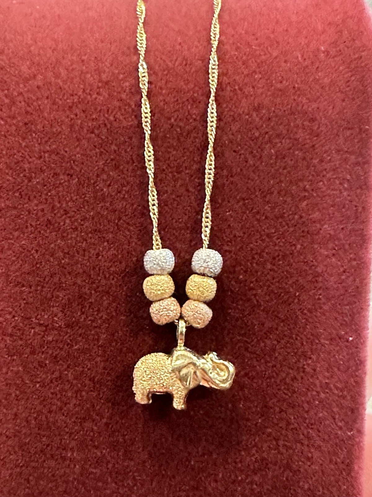 14k Tricolor Gold Sandblasted Beaded Elephant Pendant & Necklace 1.5g