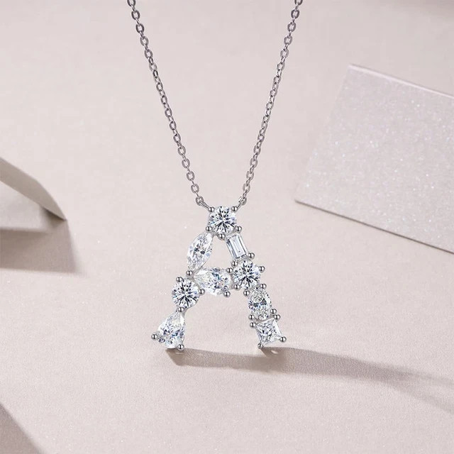 1Ctw Multi Cut Real Moissanite Initial “A” Letter Pendant 14K White Gold Plated
