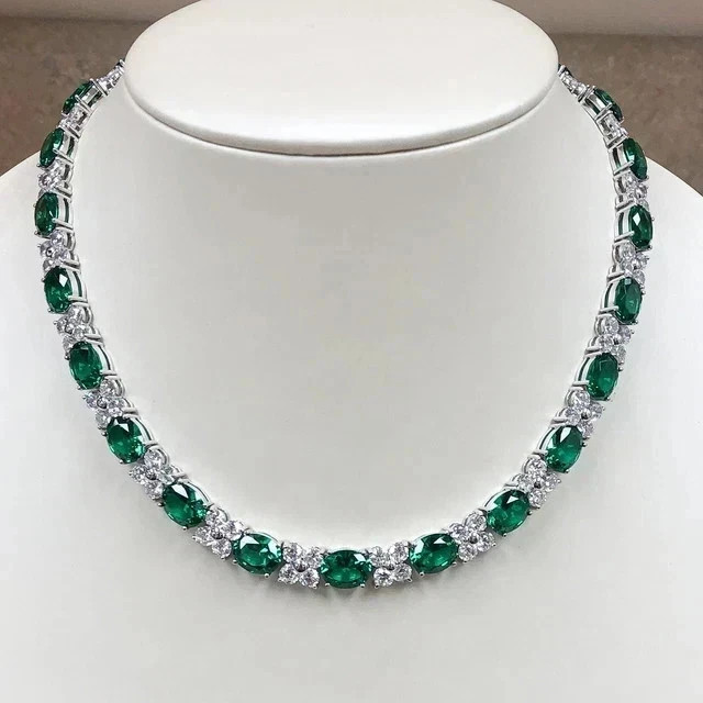 30Ctw Simulated Oval Green Emerald & Diamond Tennis Women Necklace 925 Silver