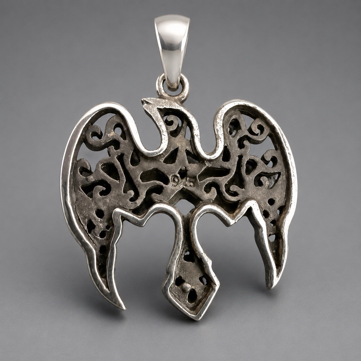 Sterling Silver Gothic Bird On Black Cord Necklace 23 Inches