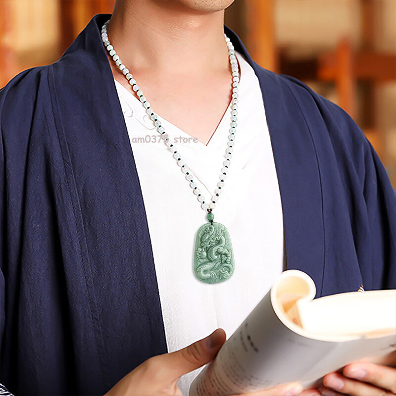 Natural A Grade Jade Women Men Bean Green Dragon Play Bead Jadeite Pendant