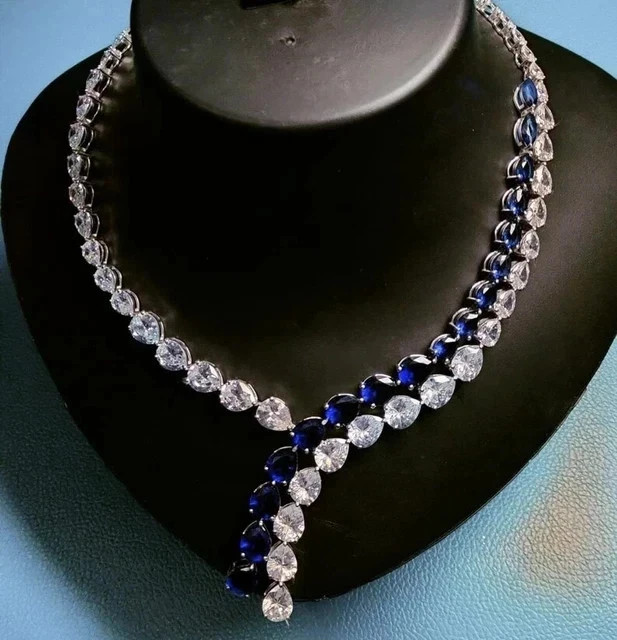 32Ct Pear Cut Lab Created Sapphire Women’s Tennis Necklace 14k White Gold Plated