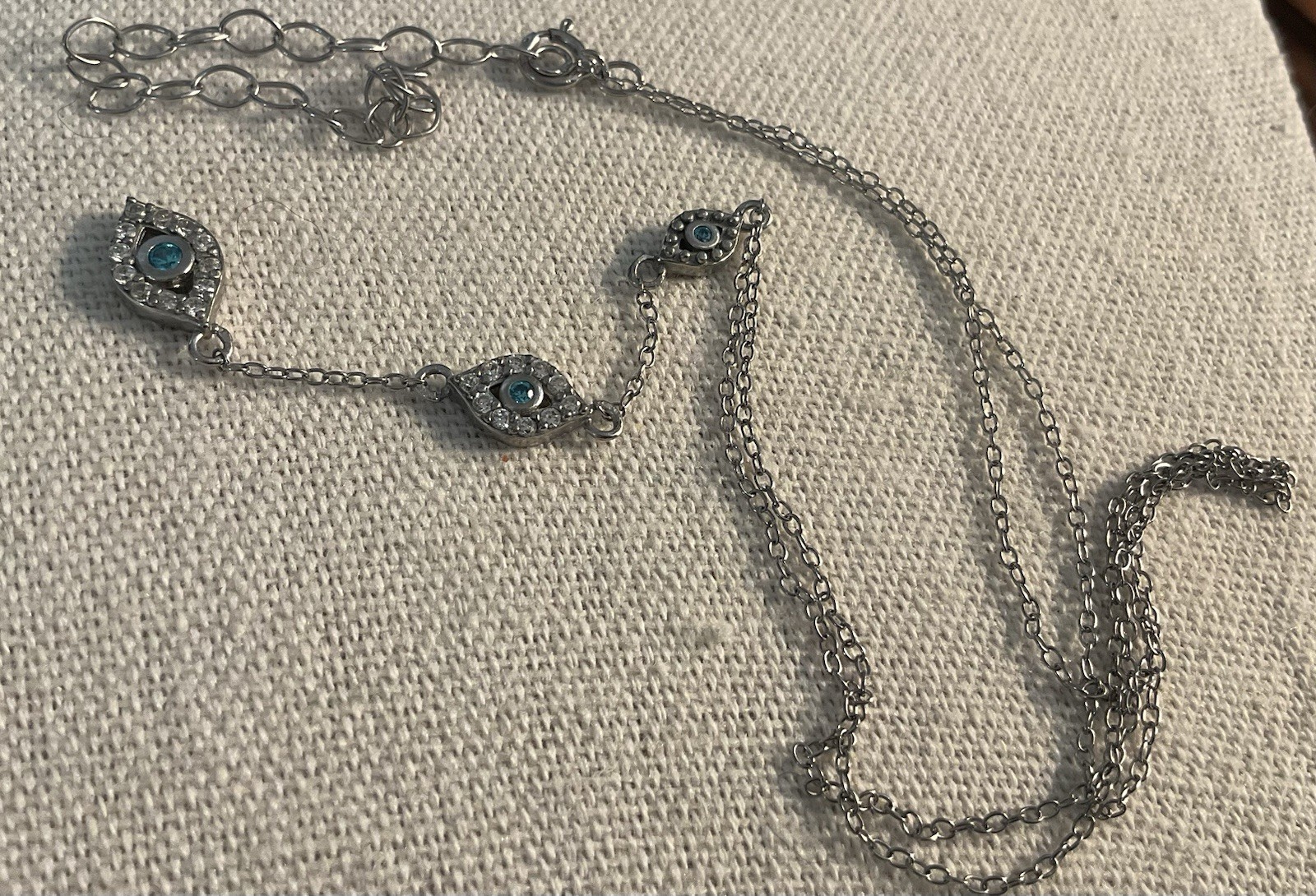 FAS Signed STERLING SILVER EVIL EYE 3 Drop PENDANT NECKLACE 16-3” Drop 2.5”
