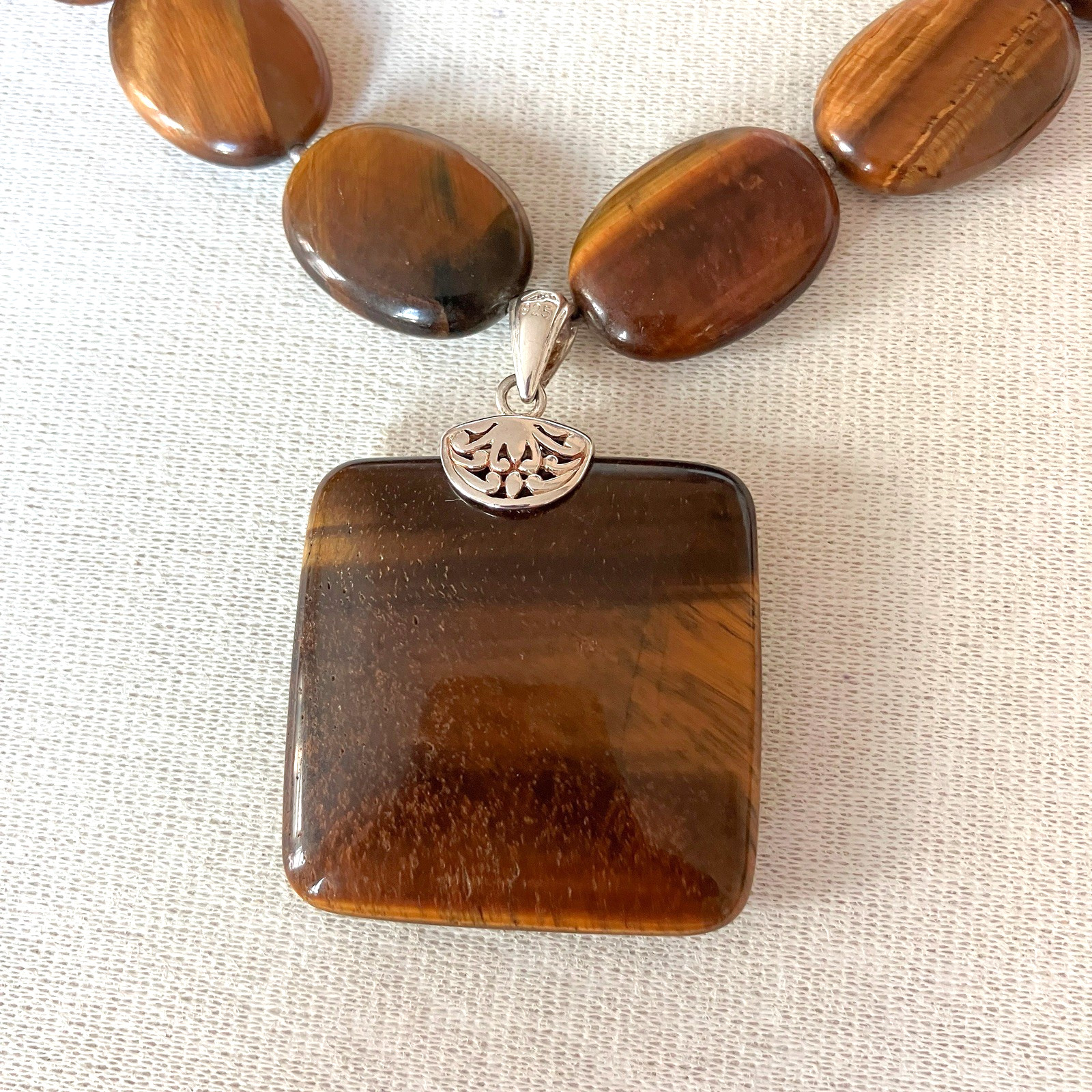 Vintage Aluma Tiger’s Eye Statement Necklace 925 Sterling Silver Signed AIL