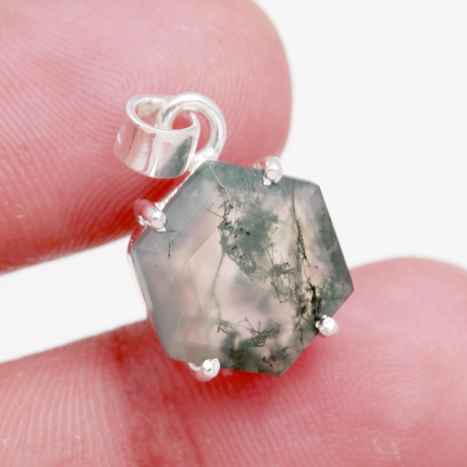 100% Natural Moss Agate Hexagon Shape Unique Pendant 925 Sterling Silver Jewelry