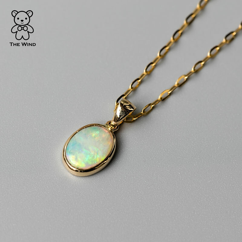 Minimal Oval Australian Solid Opal Pendant & Necklace 18k Yellow Gold Charm