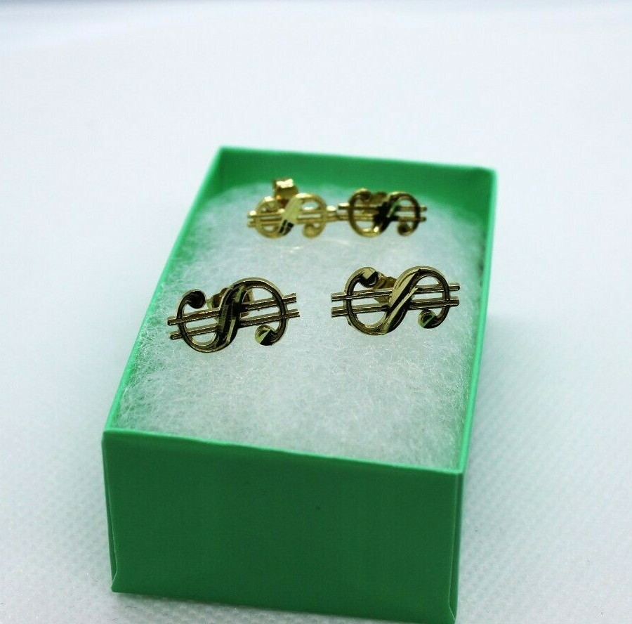 10K Solid Yellow Gold Dollar $ Sign Money Stud Earring Push Back 2 Size