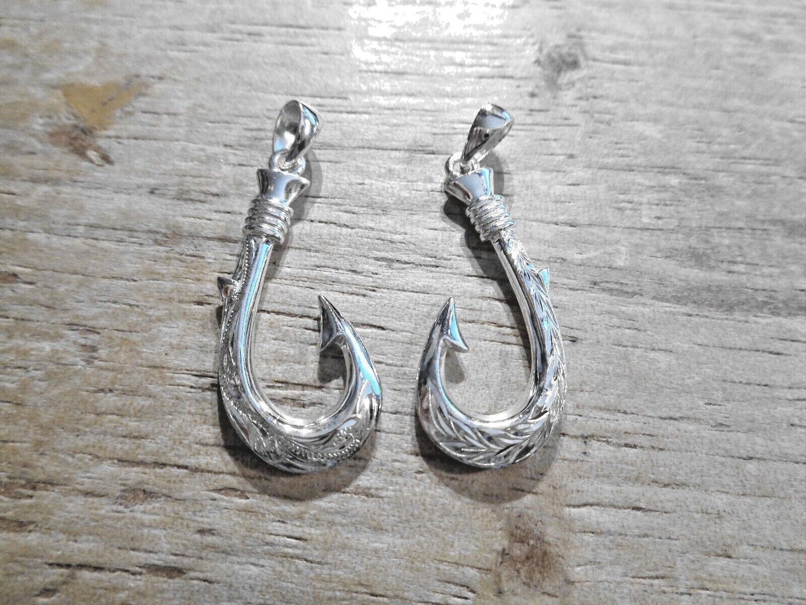 19MM SOLID 925 SILVER 2SIDED ENGRAVED HAWAIIAN SCROLL MAILE FISH HOOK PENDANT #2