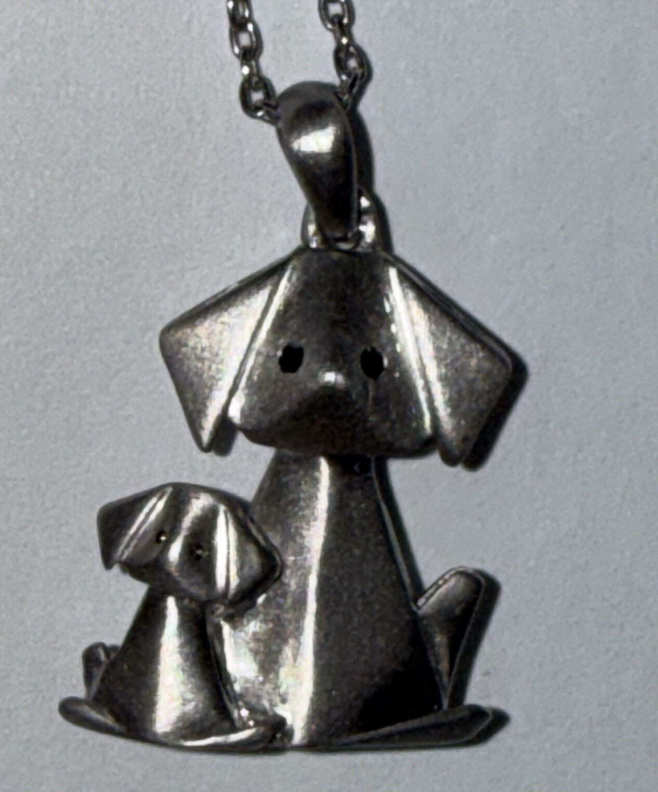 Sterling Silver 925 Origami Dog and Puppy Pendant Necklace .01ctw Black Diamonds