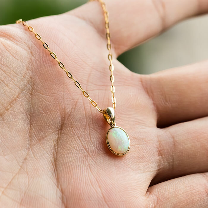 Minimal Oval Australian Solid Opal Pendant & Necklace 18k Yellow Gold Charm