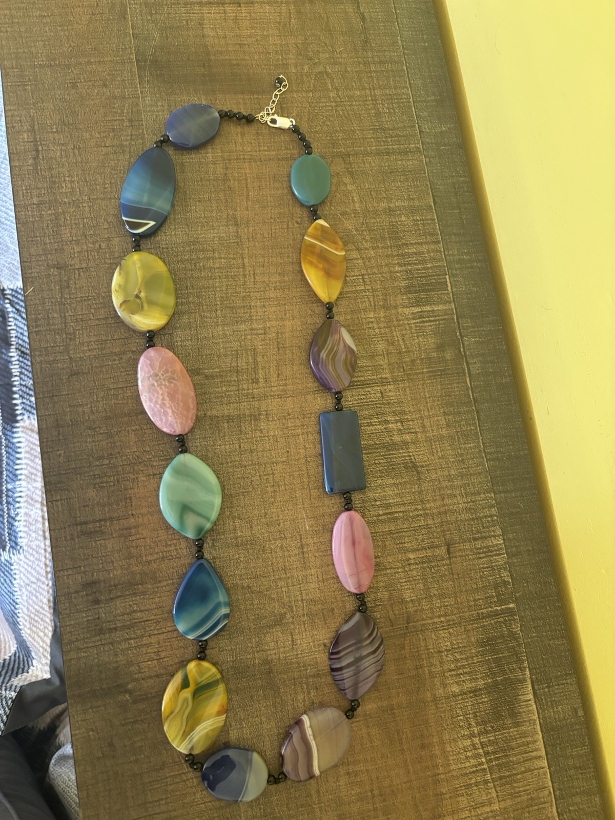 AIL ALUMA Multicolor Agate Stone Slab Statement Necklace 925 Sterling Silver 32”