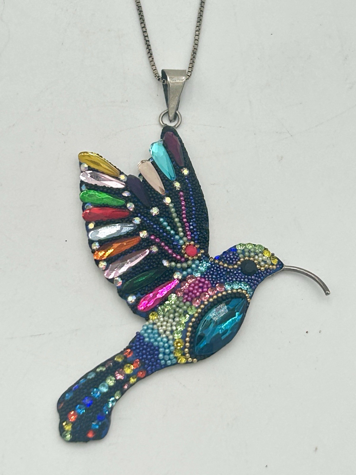 Mexico Sterling Silver Beaded Multi Colored Rhinestone Hummingbird Pendant 925