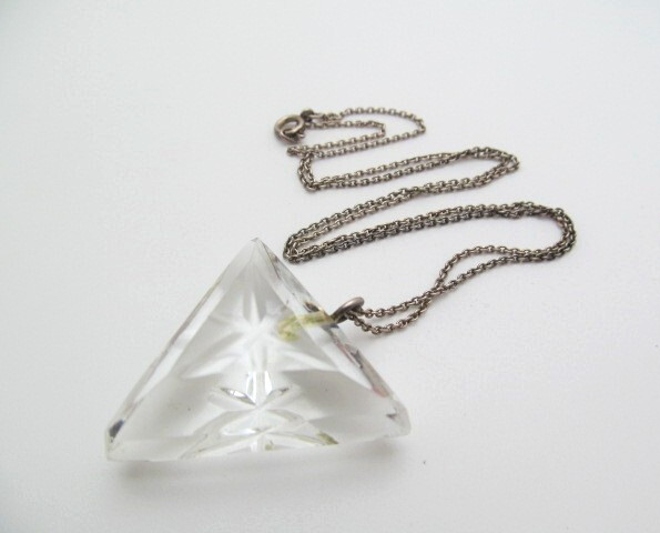925 Sterling Silver Triangle Clear Star Carved Glass Pendant Oval Chain Necklace