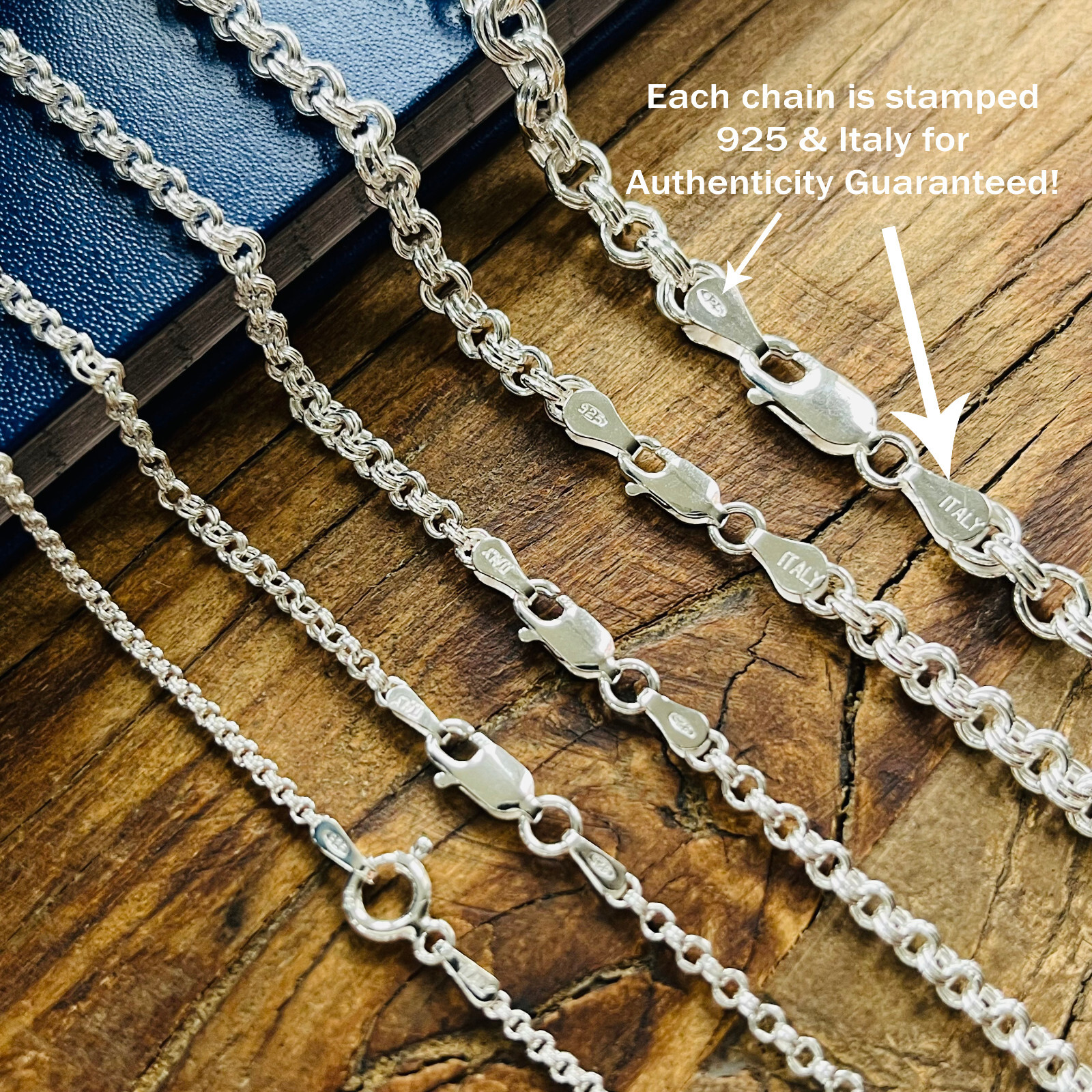 Real Solid 925 Sterling Silver Double Rolo Chain Necklace Made in Italy