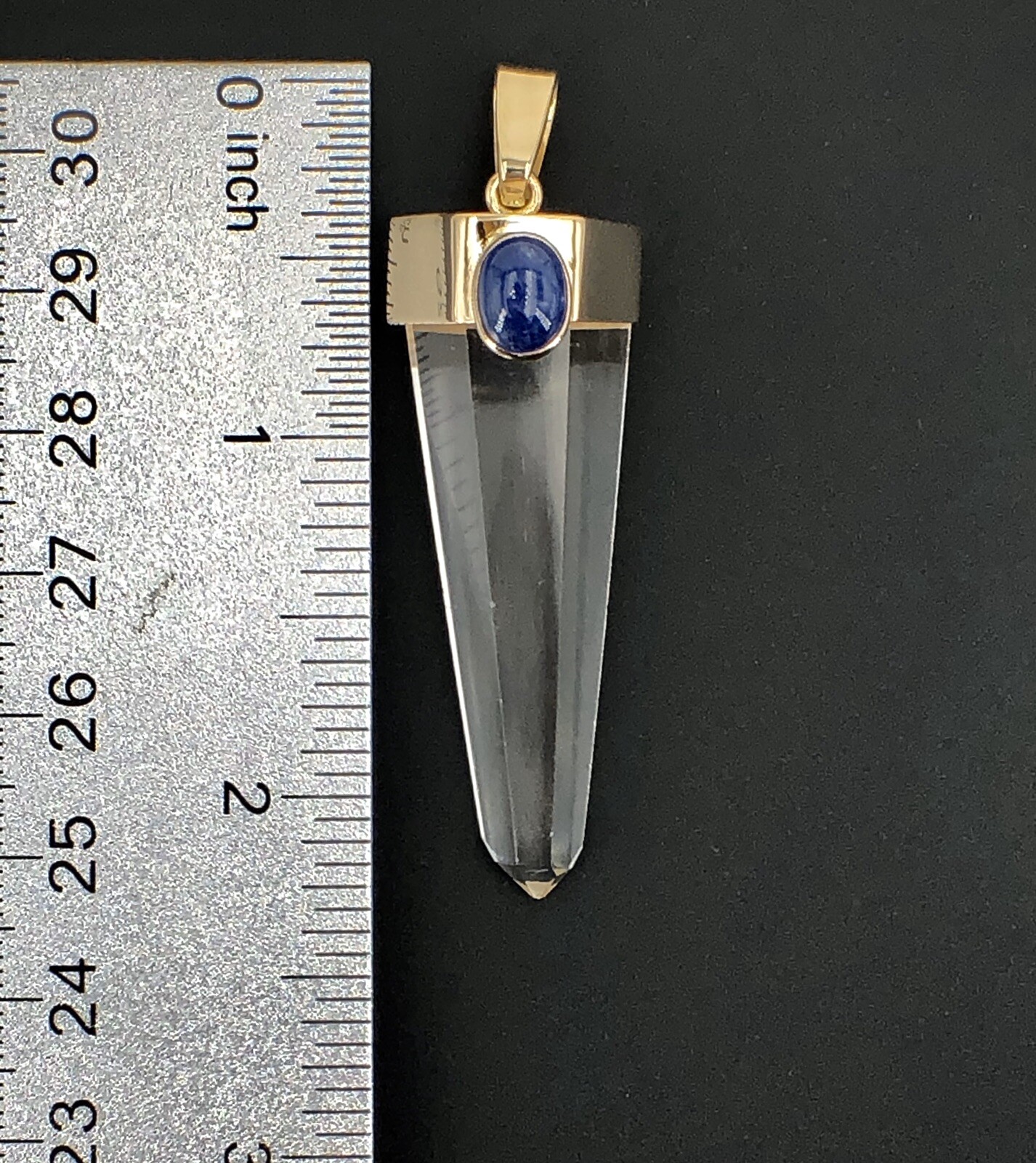 Unique 14k Gold Natural Quartz Point & Sapphire Pendant, 2.4″, New